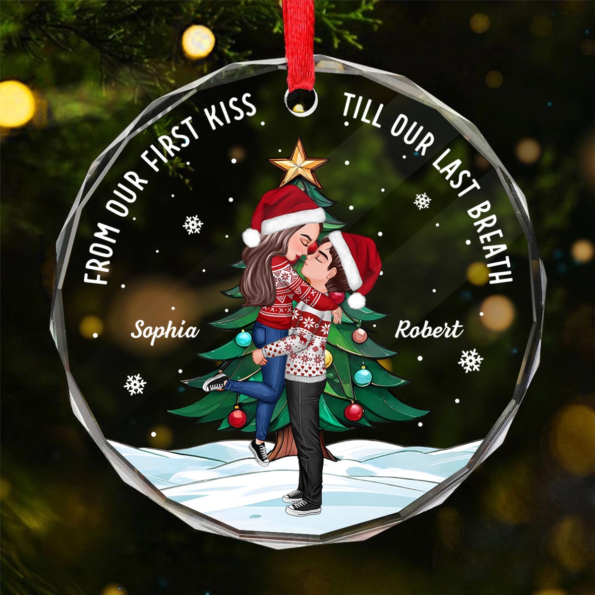 Couple Hugging Kissing Christmas Tree Personalized Glass Ornament, Christmas Gift For Him, For Her