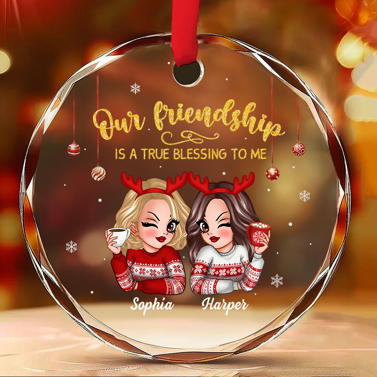 Our Friendship Is A True Blessing To Me Besties Gift Personalized Glass Ornament