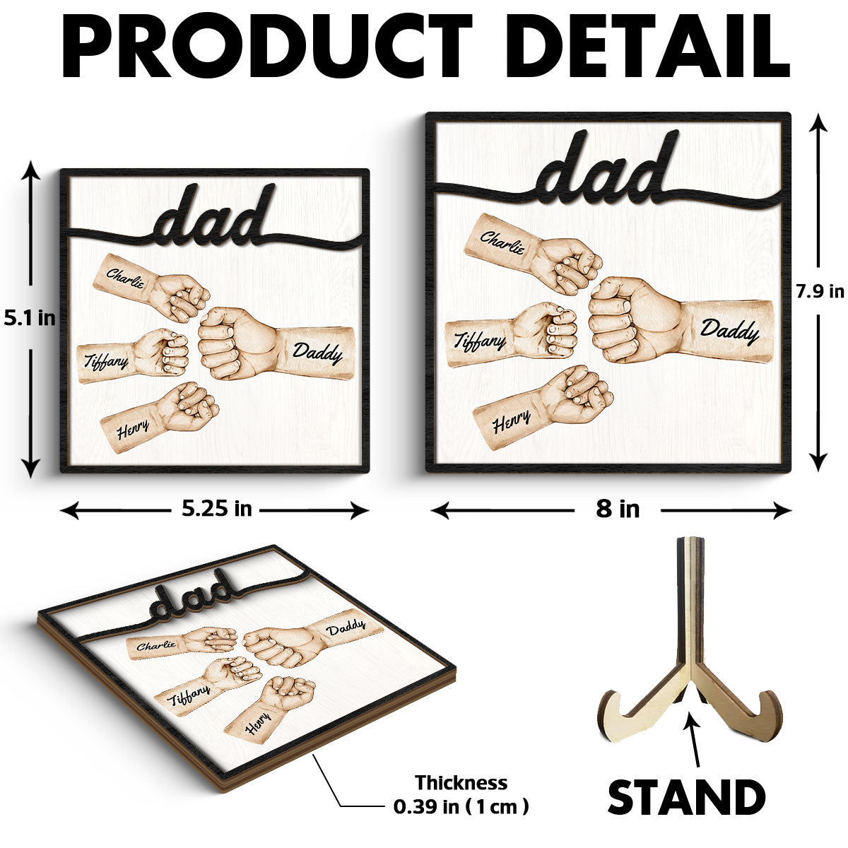 Dad Fist Bump With Kids Names Personalized 2-Layer Wooden Plaque