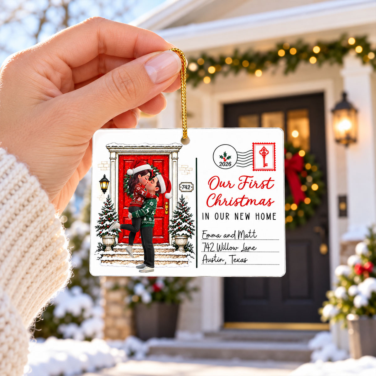 Our First Christmas In Our New Home Custom Couple & Address - Personalized Acrylic Ornament - Christmas Gift For Couples, Husband, Wife, New Homeowners