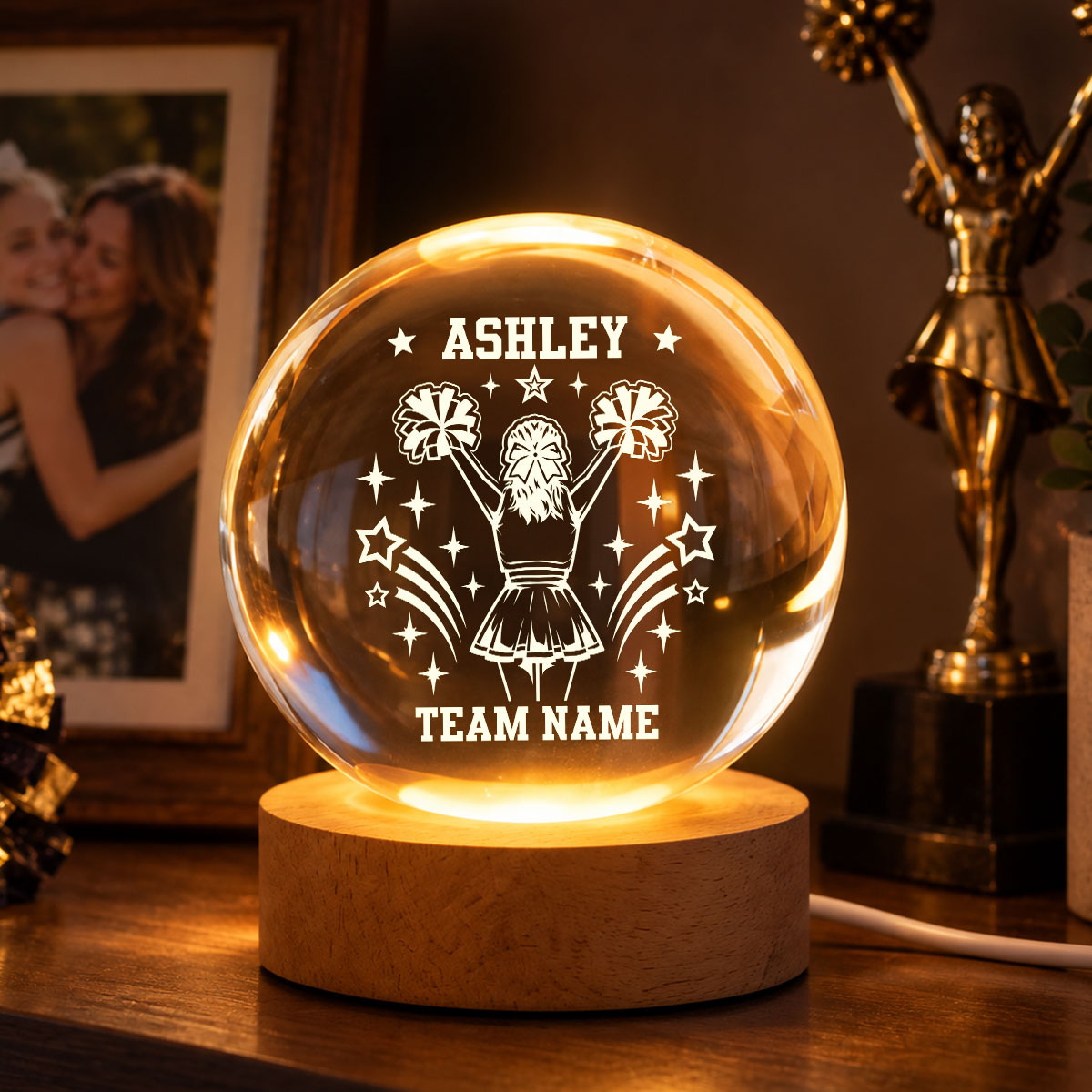 Proud Cheerleader Custom Name And Team Name - Personalized Crystal Ball LED Night Light - Christmas Gift For Cheerleaders, Daughter, Granddaughter