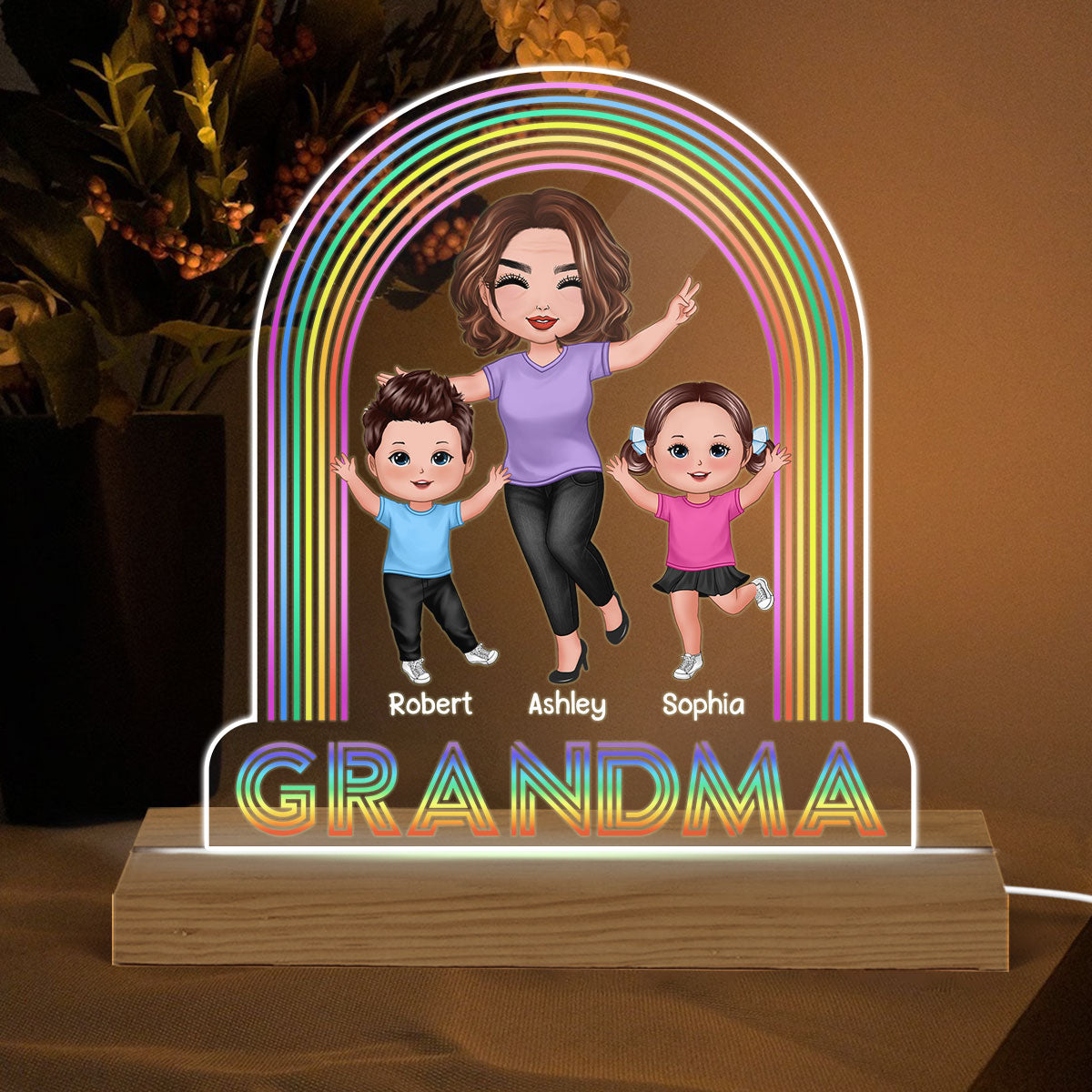 Happy Doll Grandma Grandkids Under Rainbow Personalized Custom Shaped Acrylic Plaque With Warm LED Night Light