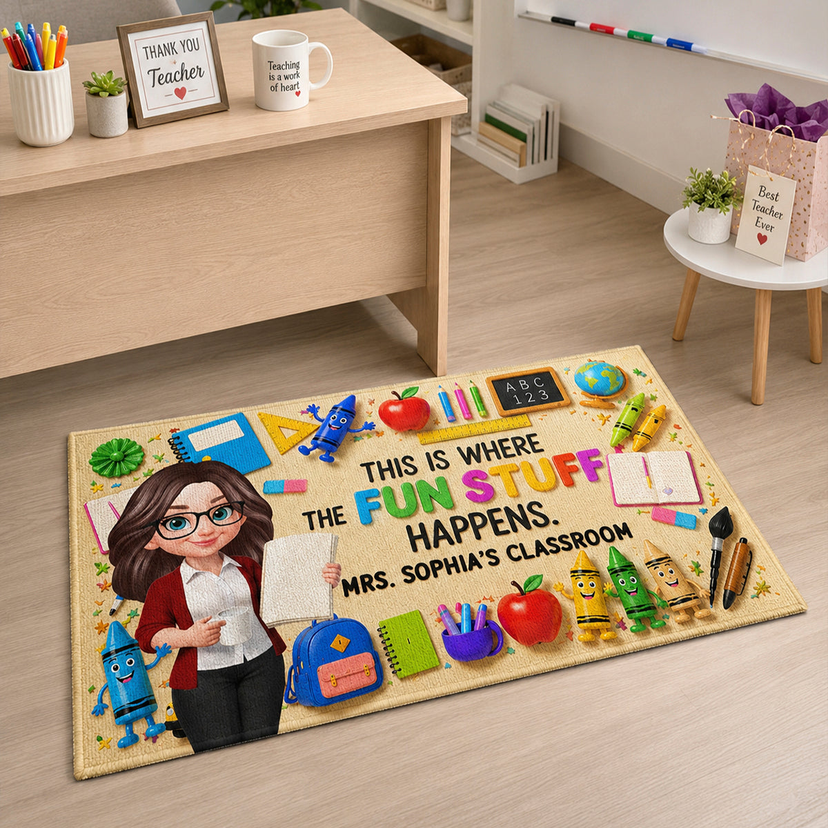 Classroom Is Where The Fun Stuff Happens - Personalized Doormat - Back To School Gift For Teacher, Classroom Decor
