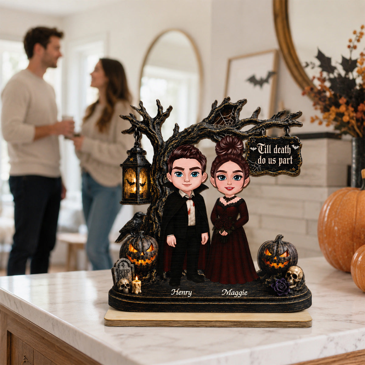 Couple Standing Under Spooky Halloween Tree 2D Flat - Personalized 2-Layer Wooden Plaque - Tabletop Tier Tray Wicca Pagan Decor