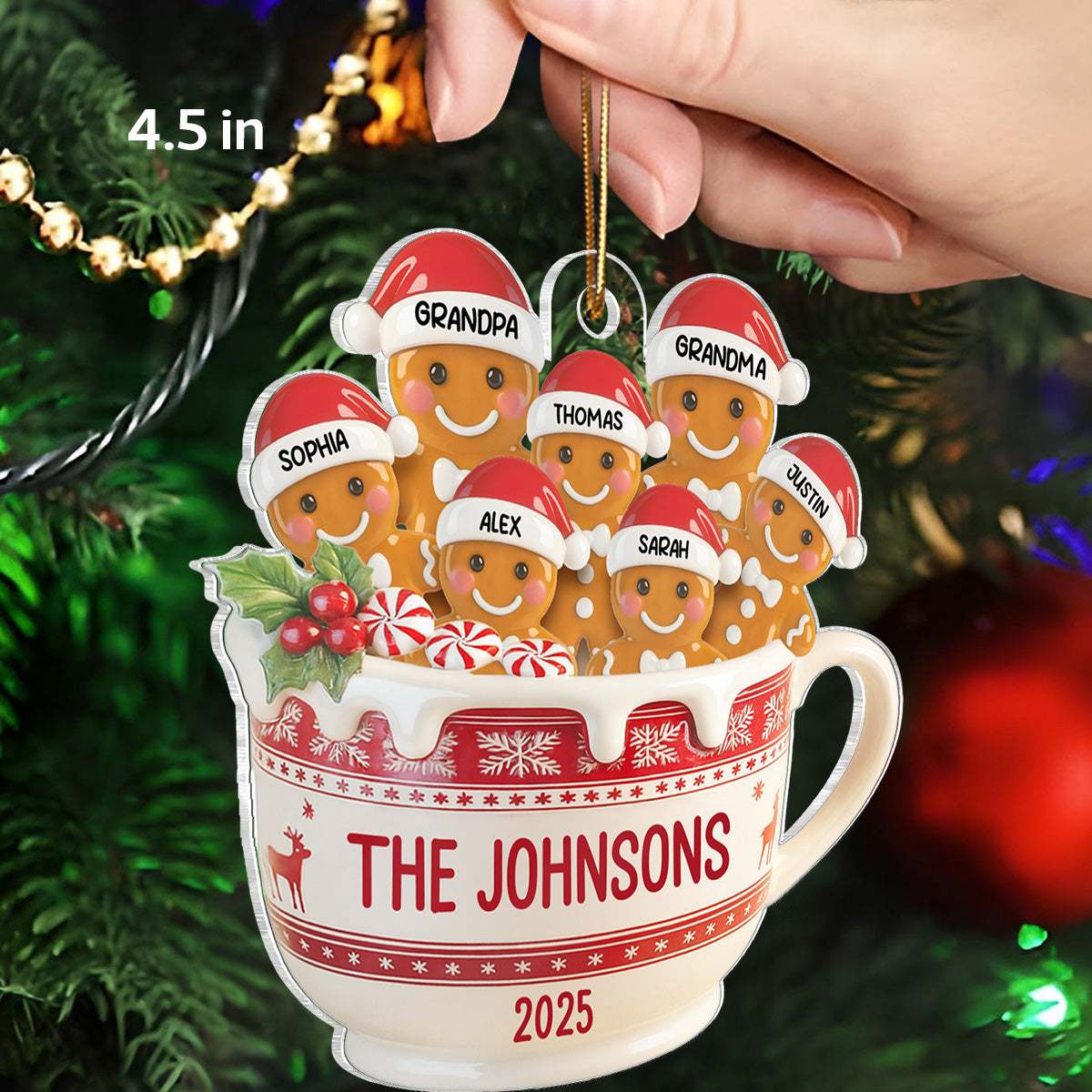 3D Effect Gingerbread Family In Hot Cocoa - Personalized Acrylic Ornament