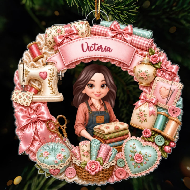 Sewing Things Wreath - Personalized Acrylic Ornament - Christmas Gift For Sewing, Quilting Lovers, Wife, Mom, Sister