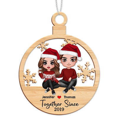 Couple Sitting Christmas Bauble Personalized Wooden Ornament
