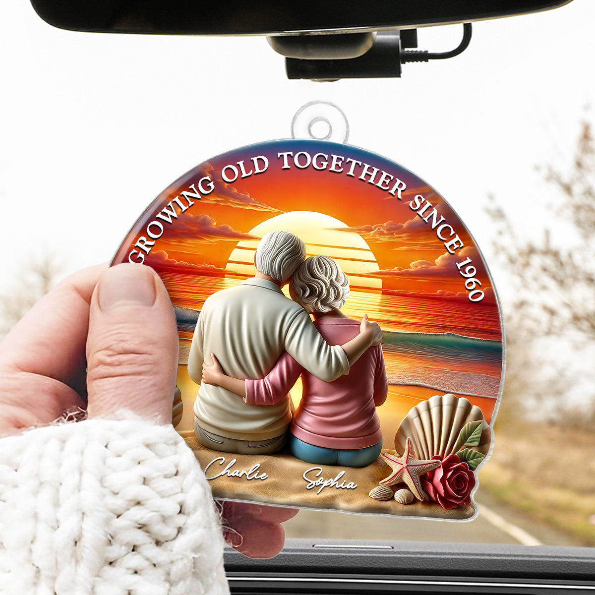 3D Effect Old Couple Sitting Sunset Beach Landscape Personalized Car Hanger Ornament, Heartfelt Gift For Couple, For Him, For Her, Husband, Wife