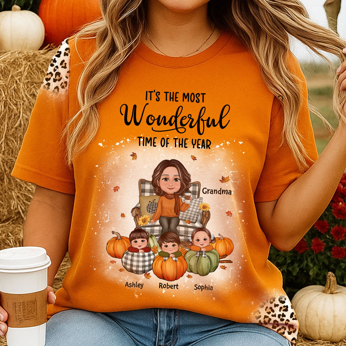 Grandma & Grandkids On Pumpkins Fall Season Theme With Leopard Pattern Personalized Shirt
