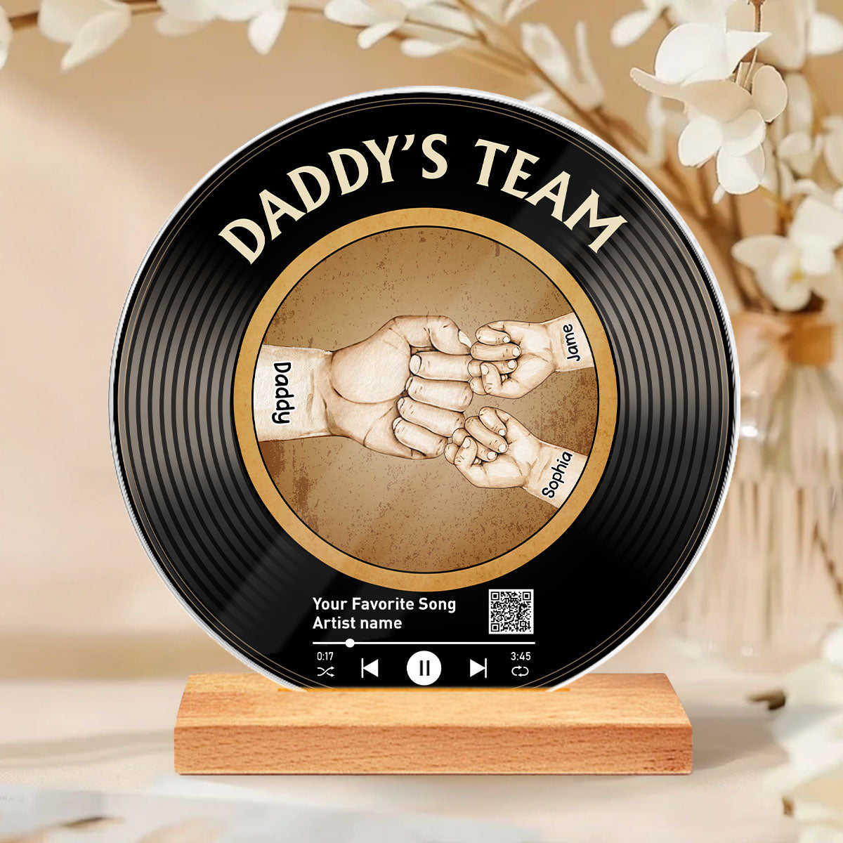 Daddy's Team Fist Bump Custom Vinyl Record Acrylic Song Plaque, Scannable QR Code, Personalized Birthday, Father's Day Gift for Dad