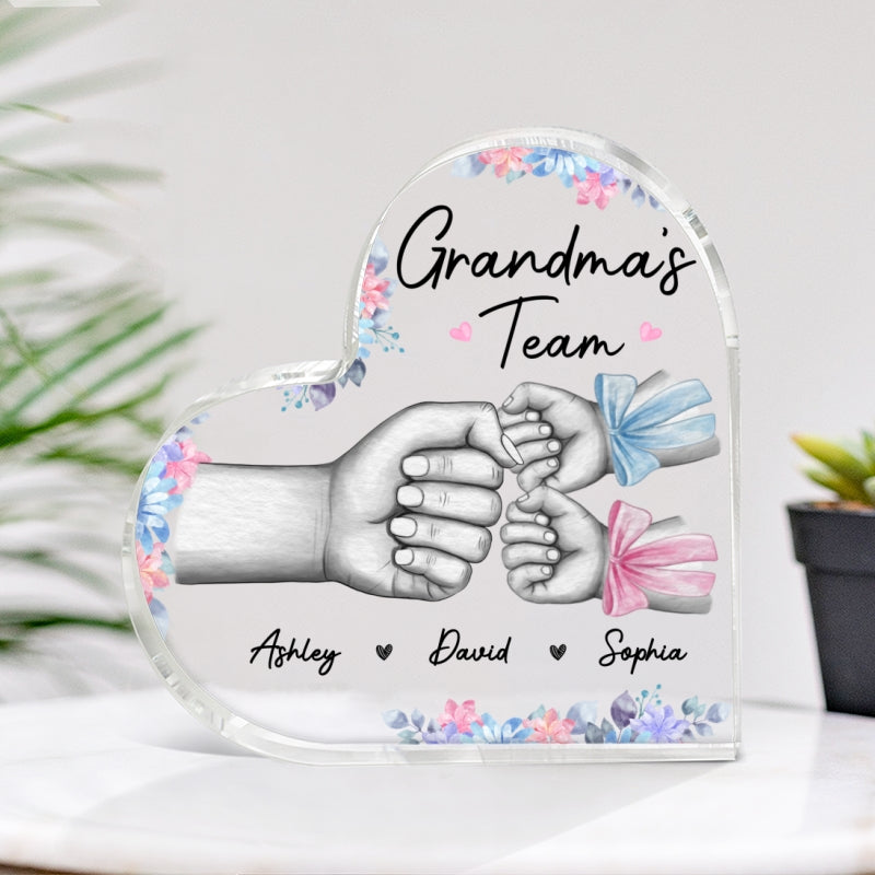 Grandma Mom‘s Team Fist Bump With Bows Personalized Heart Acrylic Plaque