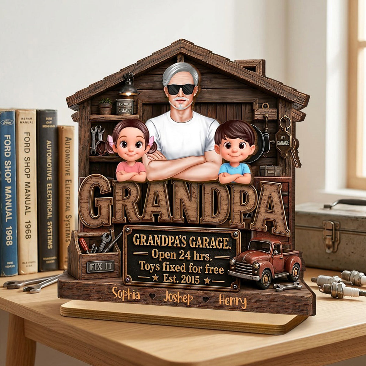 Grandpa's Garage - Personalized 2-Layered Wooden Plaque - Father's Day Gift for Dad, Grandpa, Husband