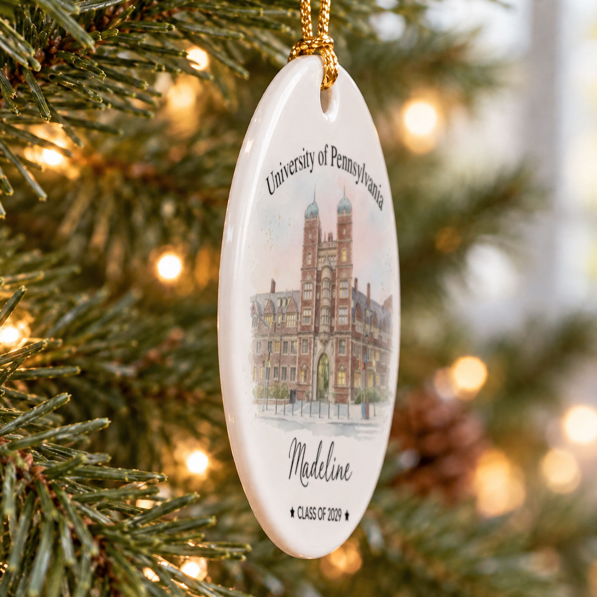 Watercolor Style Custom College University Photo - Personalized Ceramic Ornament - School Photo Keepsake For Students, Seniors, Freshmen