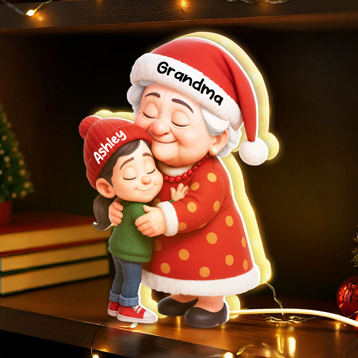 Cute Cartoon Grandma Hugging Grandkid - Personalized Light Box - Christmas Decor, Christmas Gift for Grandma