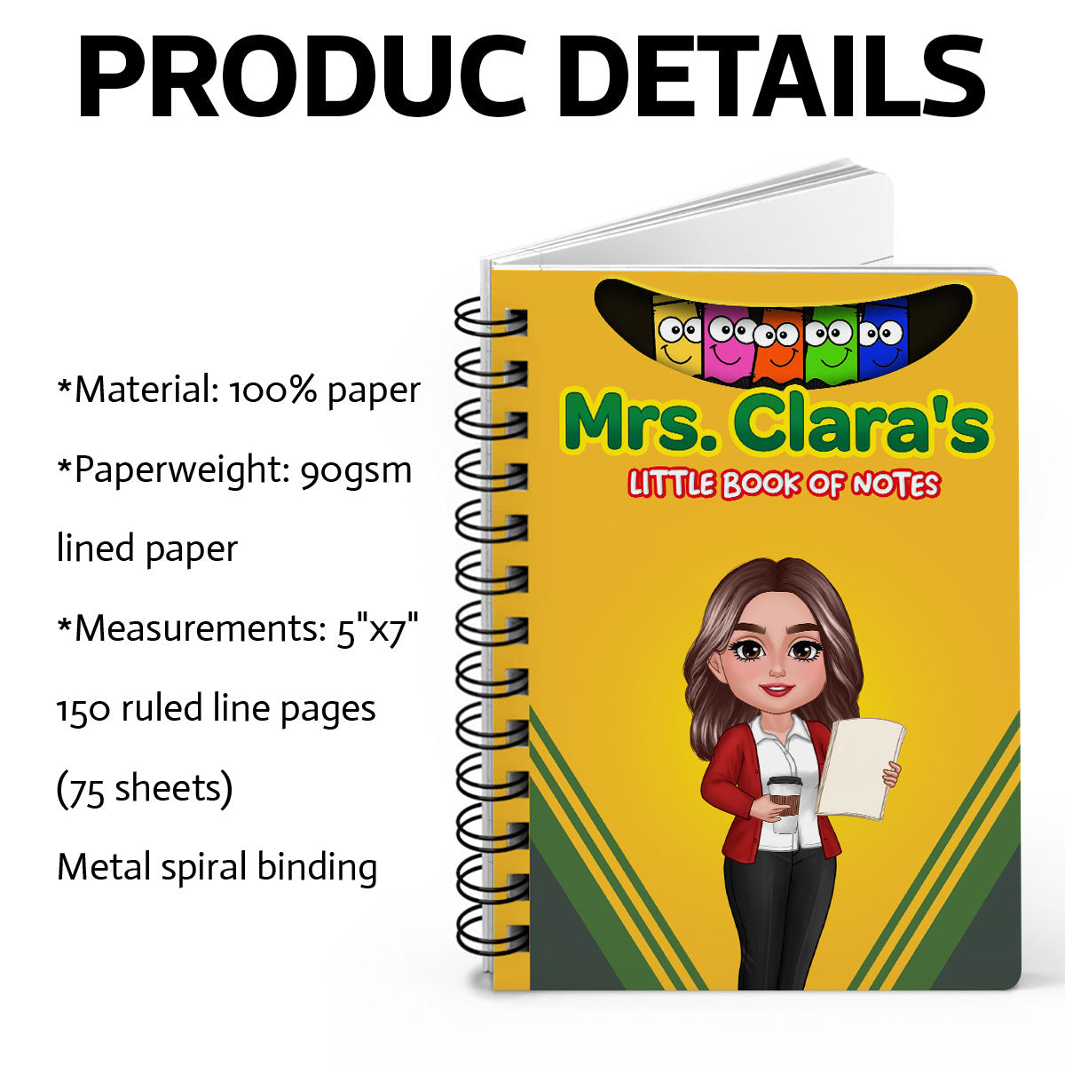 Crayon Box Themed Teacher Name Personalized Spiral Notebook Journal, Back To School Stationery