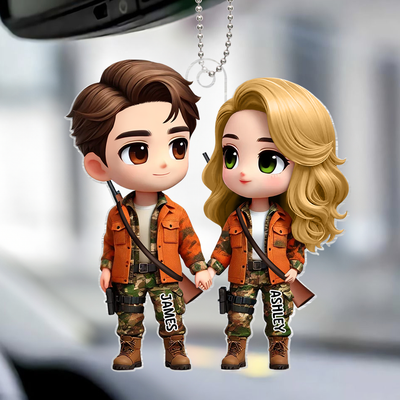 3D Effect Cute Cartoon Couple Hunting Personalized Acrylic Car Hanger, Anniversary &  Gift for him, Gift for her