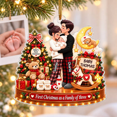 Heartwarming First Christmas As Family Of Three Newborn Baby - Personalized Acrylic Ornament - Christmas Keepsake, Gift For New Mom, New Dad, New Parents