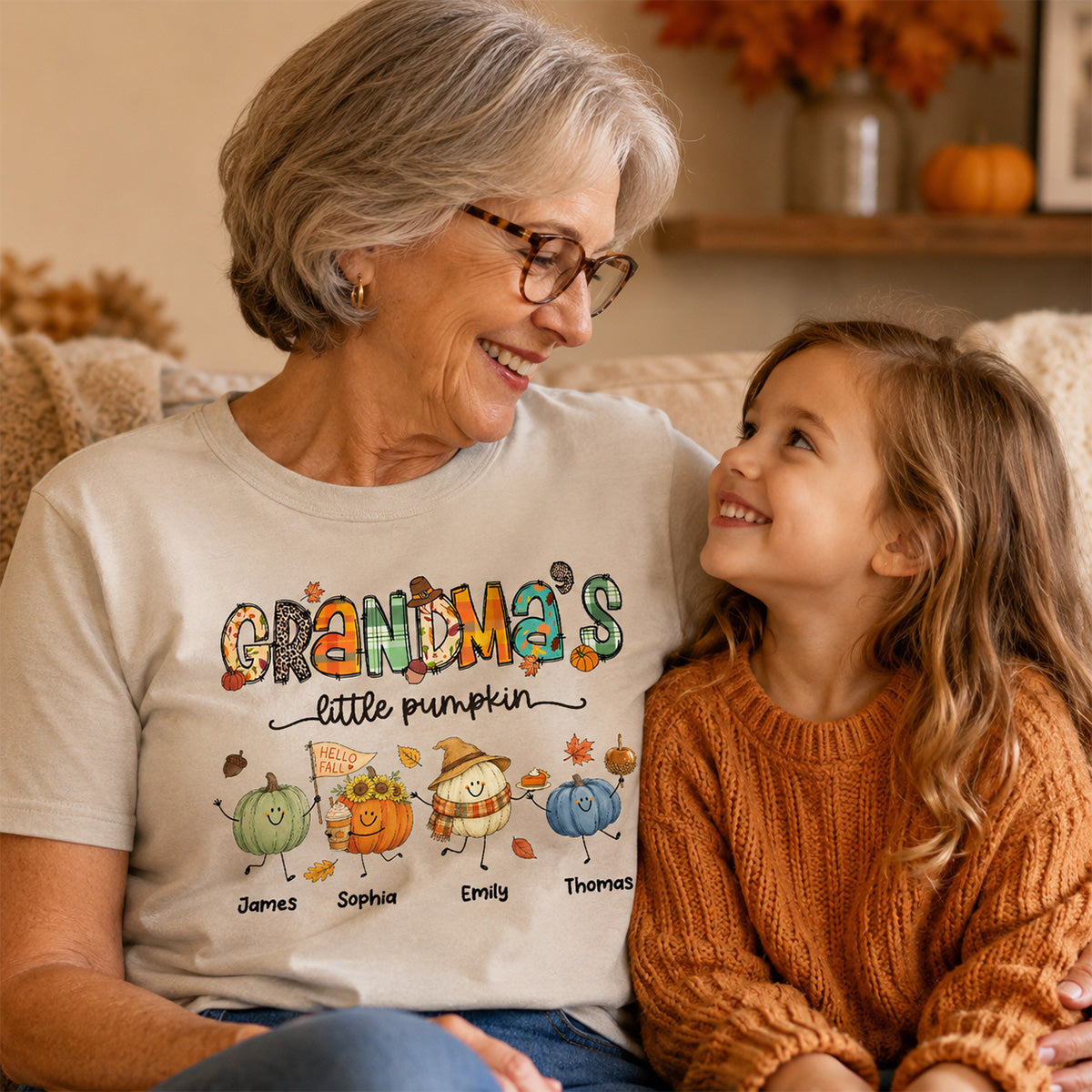 Grandma's Little Pumpkins Cute Doodle Pumpkins - Personalized Shirt - Fall Season Gift For Grandma, Mom