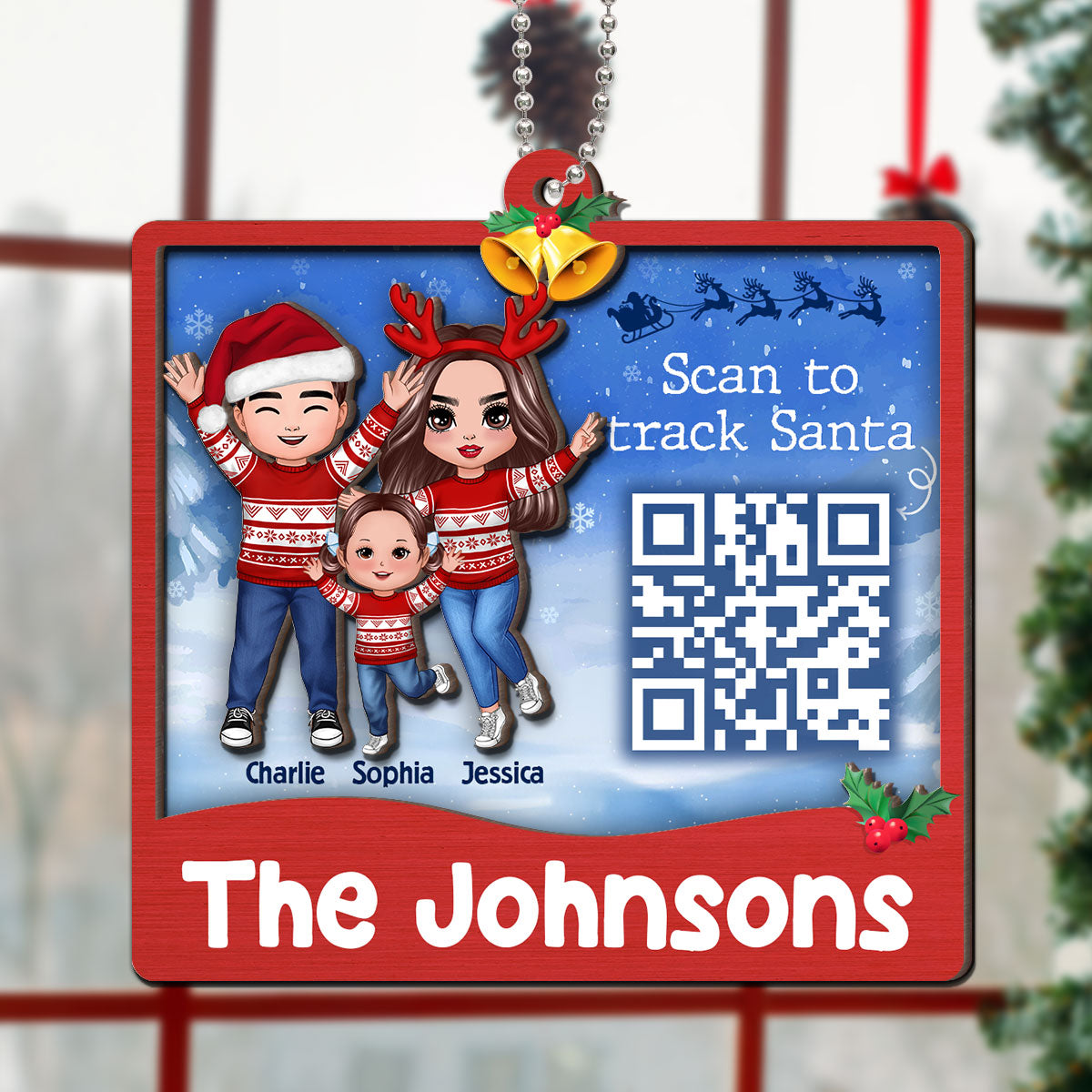 Happy Family Santa Tracker QR Code Personalized 2-Layer Wooden Ornament