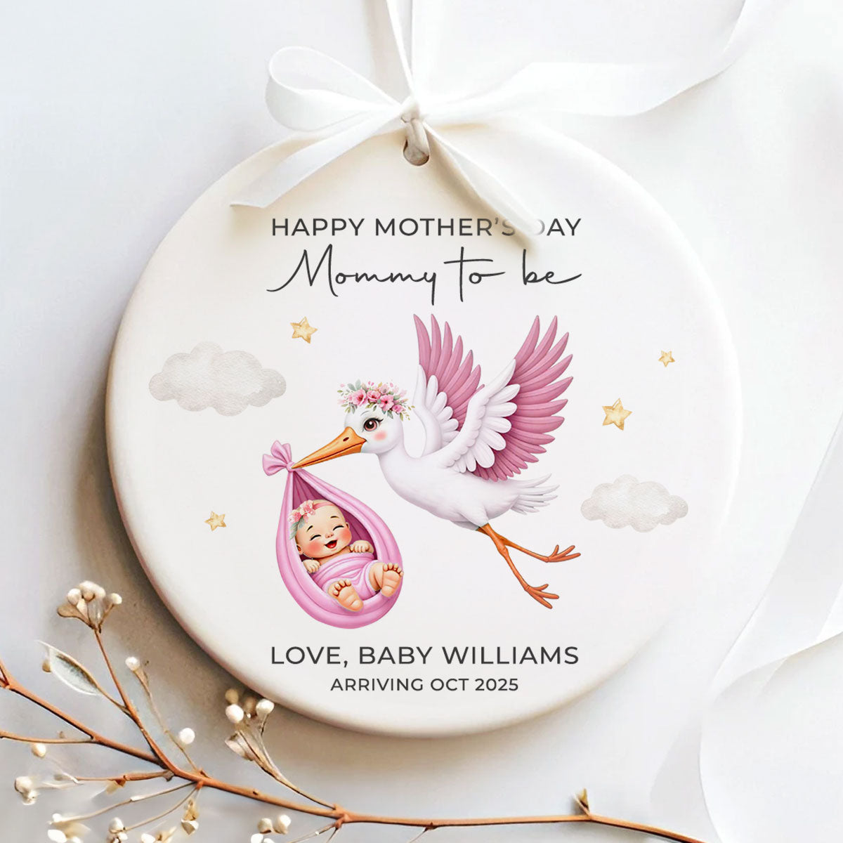 Cute Stork And Baby Mommy to be, Personalized Ceramic Ornament, Heartfelt First Gift for Pregnant Mom