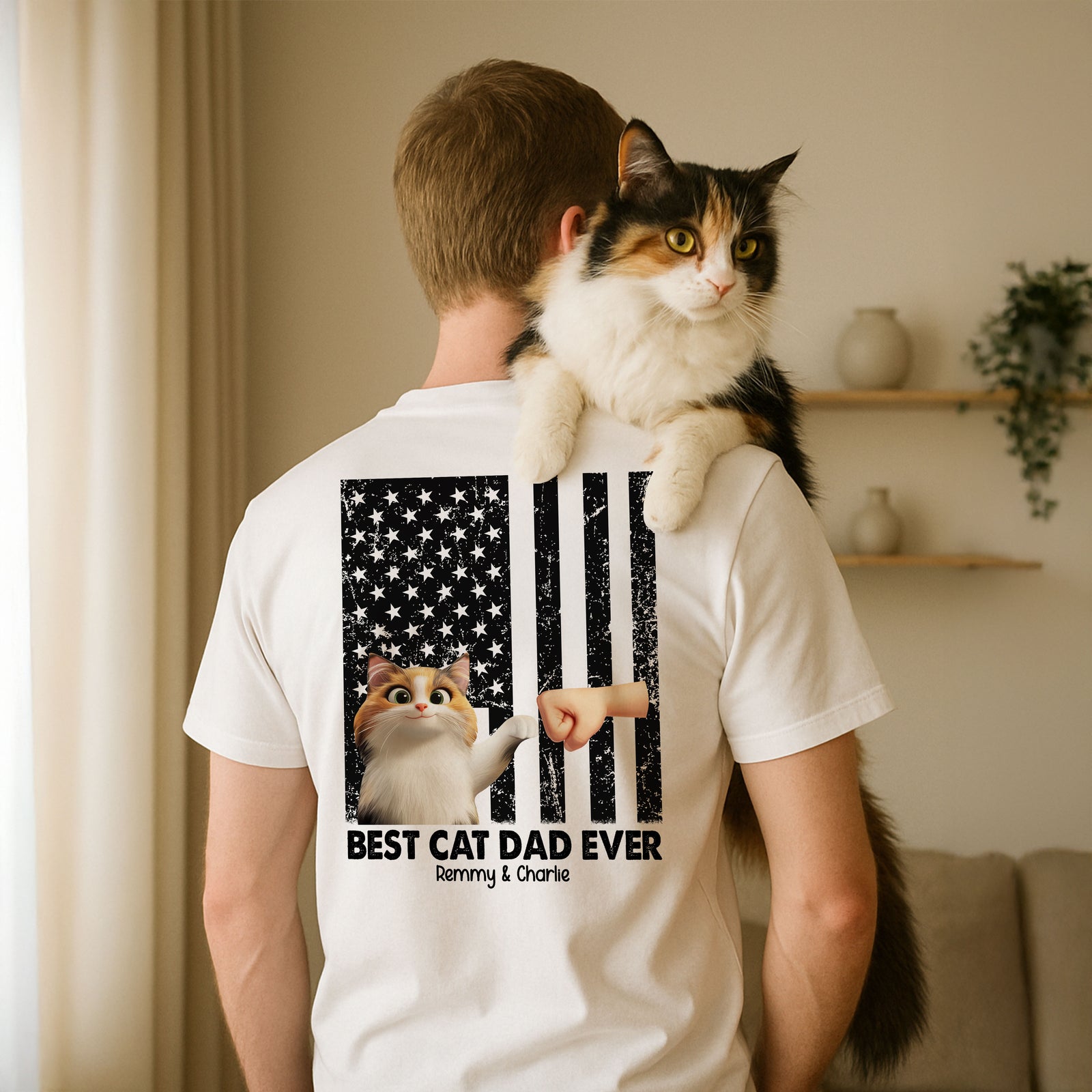 Best Cat Dad Ever Nation Flag Cute Cartoon Cat Personalized Shirt, Father's Day Gift for Cat Dads, Gift for Husband
