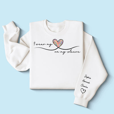 Grandma Wears Her Heart On Her Sleeve, Colorful Heart, Gift For Grandma And Mom, Personalized Sleeve Printed Sweatshirt