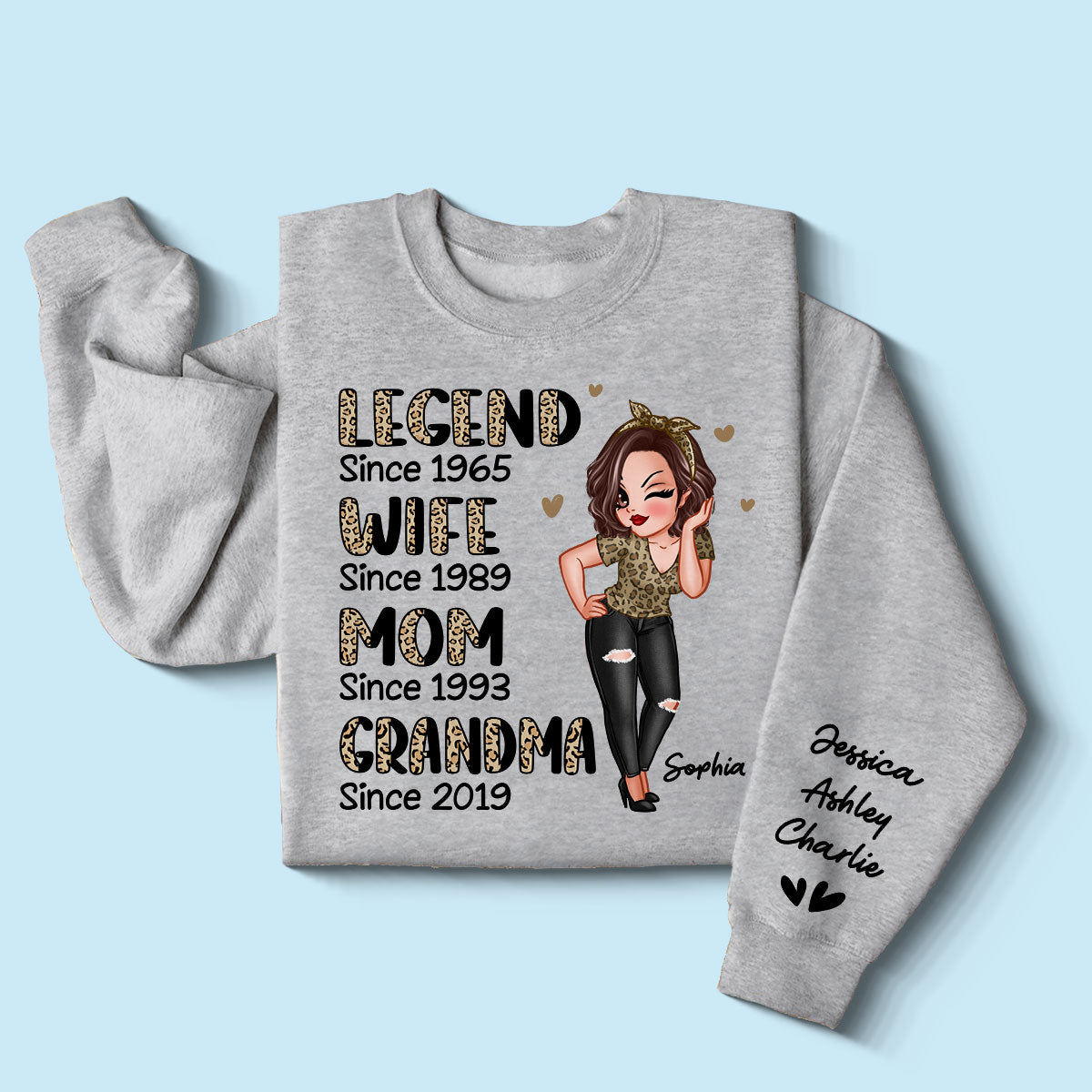 Half Leopard Sassy Legend Wife Mom Grandma Personalized Sleeve Printed Sweatshirt