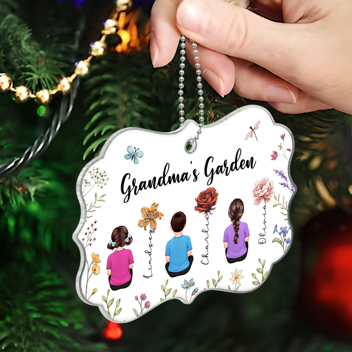 Grandkids Sitting Grandma Garden Vintage Birth Month Flowers Personalized Acrylic Ornament, Christmas Gift For Grandma