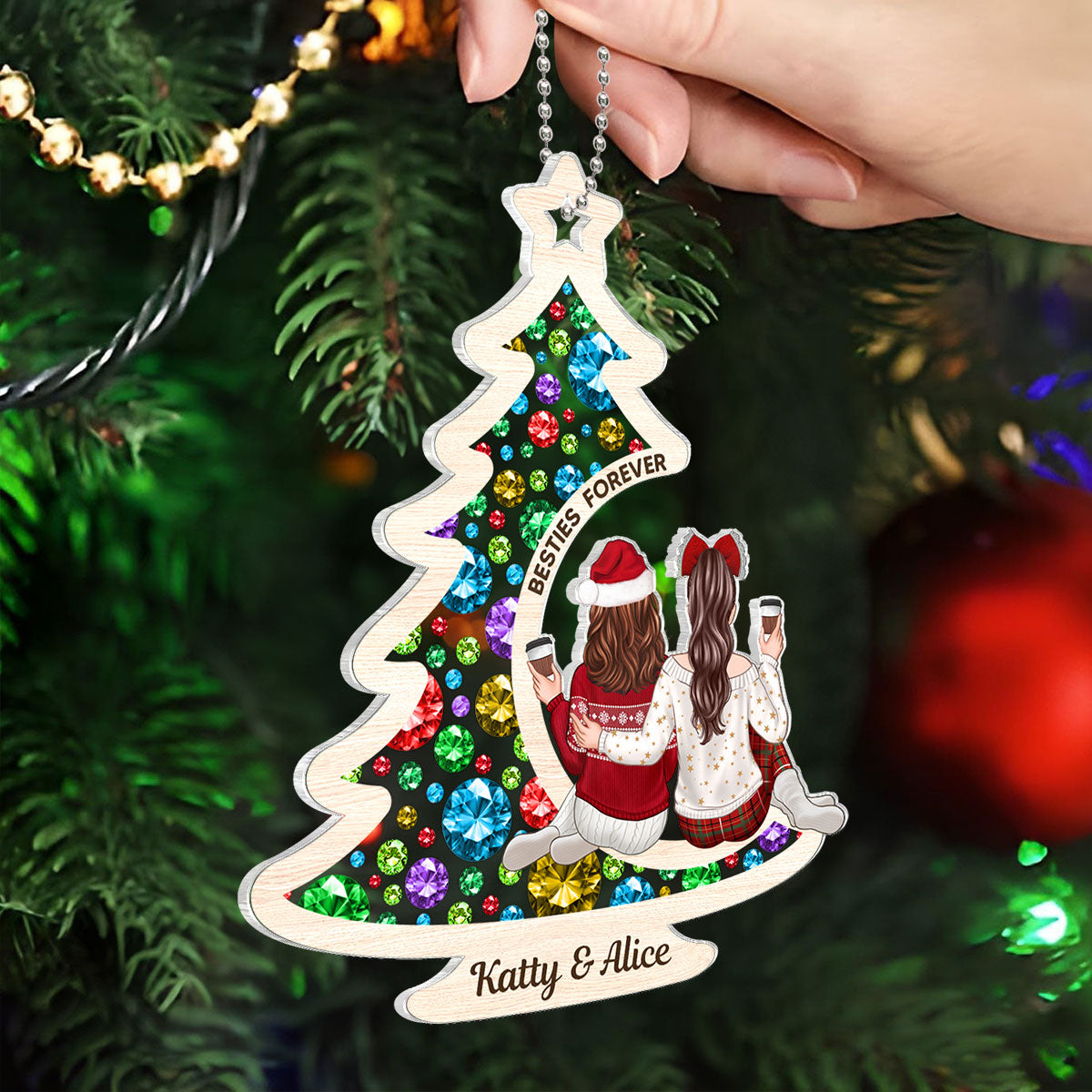 Sisters On Christmas Tree Gemstones Effect Personalized Acrylic Ornament, Christmas Gift for Sisters, Siblings, Besties