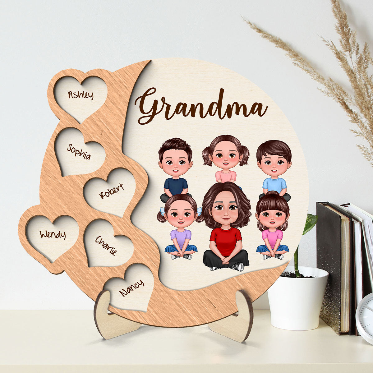 Grandma Mom Crossed Legs Hearts Woman Face Personalized 2-layer Wooden Plaque