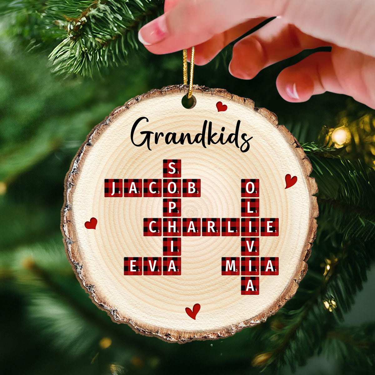 Family Unique Crossword Art Puzzle Checkered Pattern Personalized Wooden Ornament
