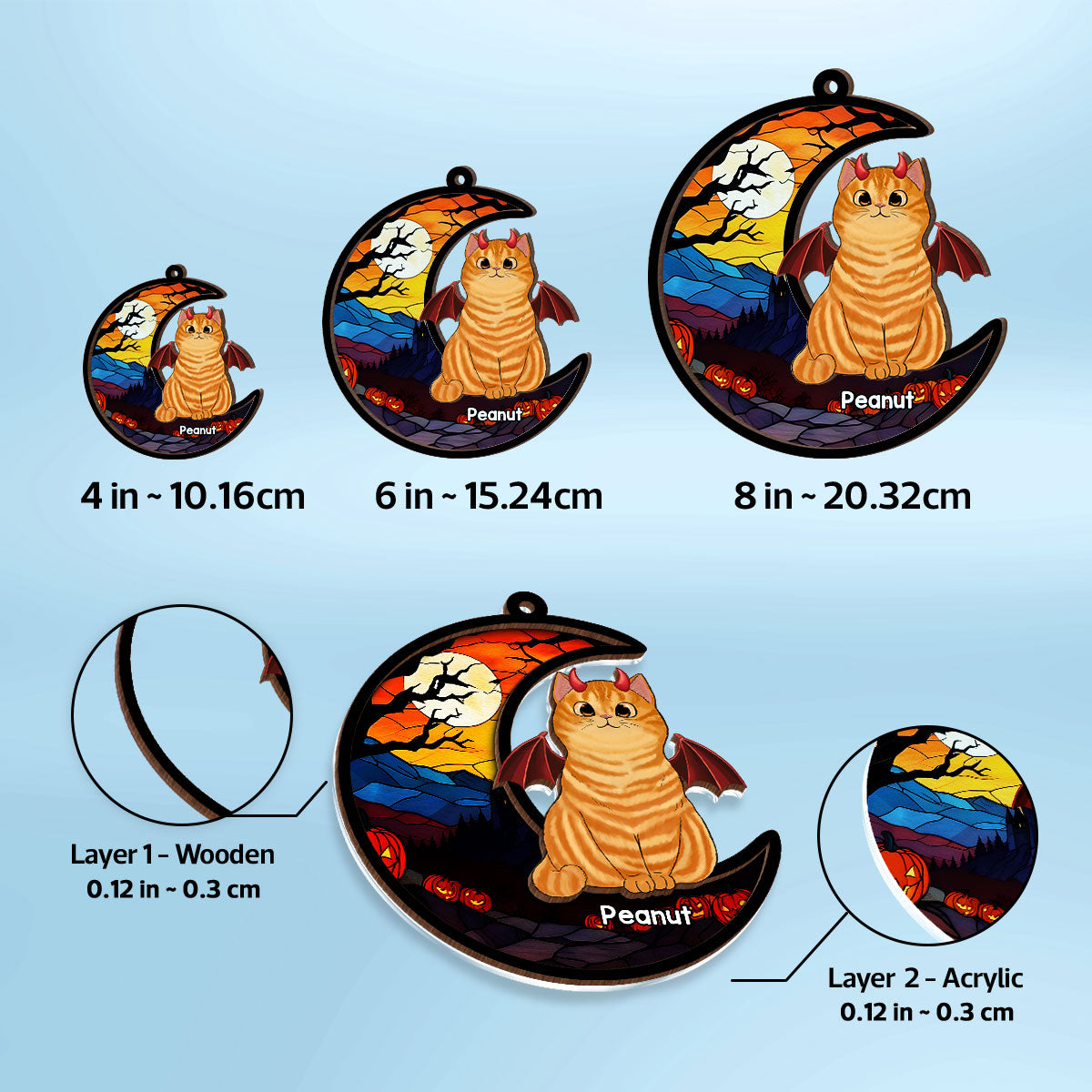 Halloween Cat On Moon Personalized Suncatcher, Halloween Decoration