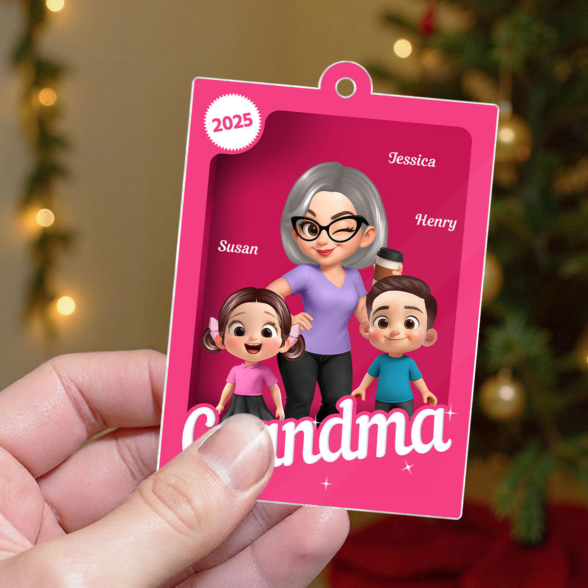 Grandma Grandkids 3D Effect Pink Action Figure - Personalized Acrylic Ornament, Christmas Gift for Grandmas
