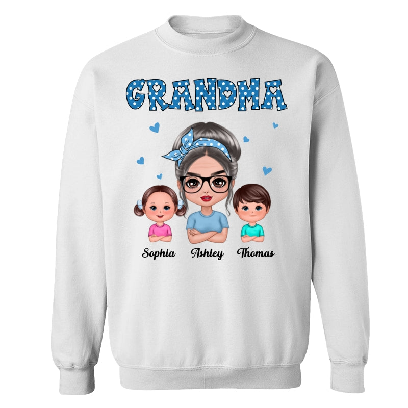 Blue Polka Dot Grandma With Grandkids Pattern Personalized Shirt