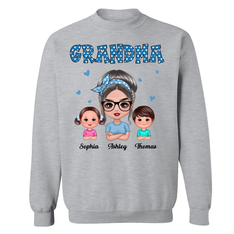 Blue Polka Dot Grandma With Grandkids Pattern Personalized Shirt