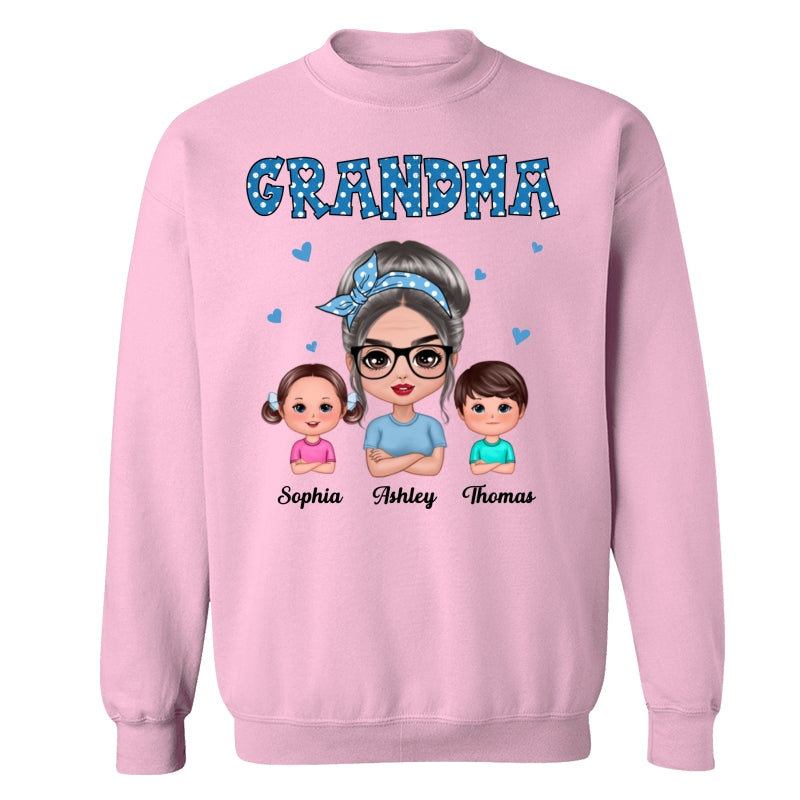 Blue Polka Dot Grandma With Grandkids Pattern Personalized Shirt