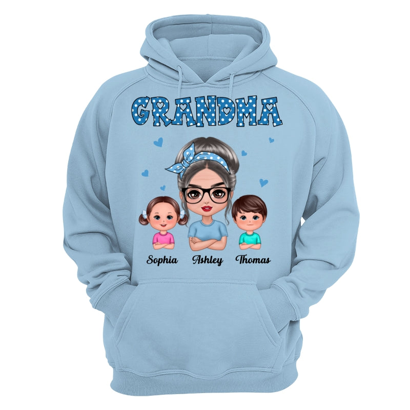 Blue Polka Dot Grandma With Grandkids Pattern Personalized Shirt
