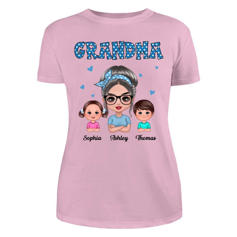 Blue Polka Dot Grandma With Grandkids Pattern Personalized Shirt