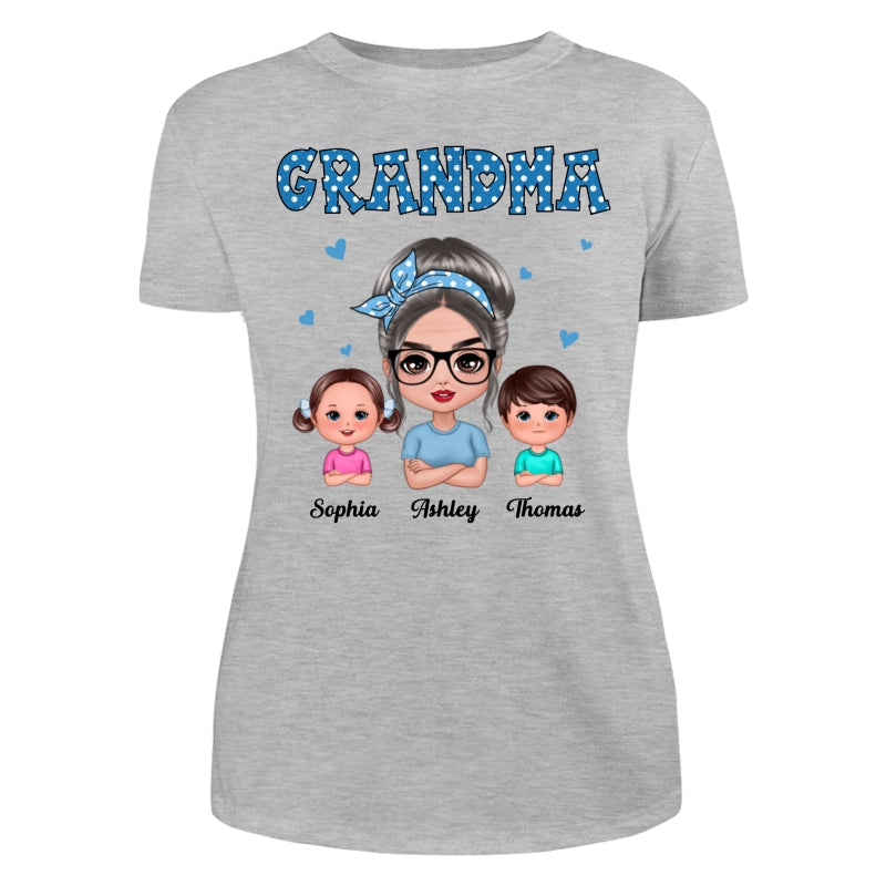 Blue Polka Dot Grandma With Grandkids Pattern Personalized Shirt