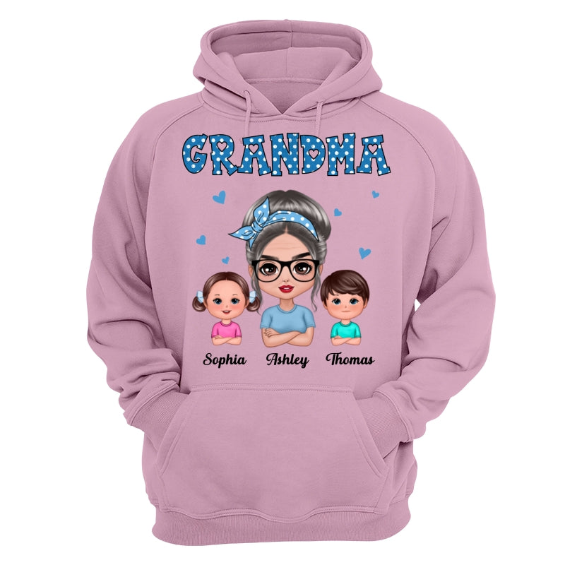 Blue Polka Dot Grandma With Grandkids Pattern Personalized Shirt