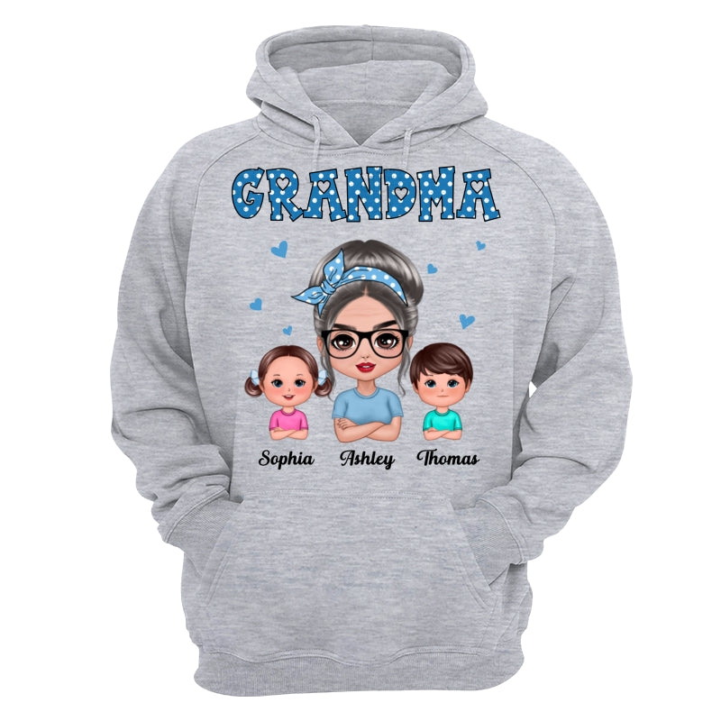 Blue Polka Dot Grandma With Grandkids Pattern Personalized Shirt