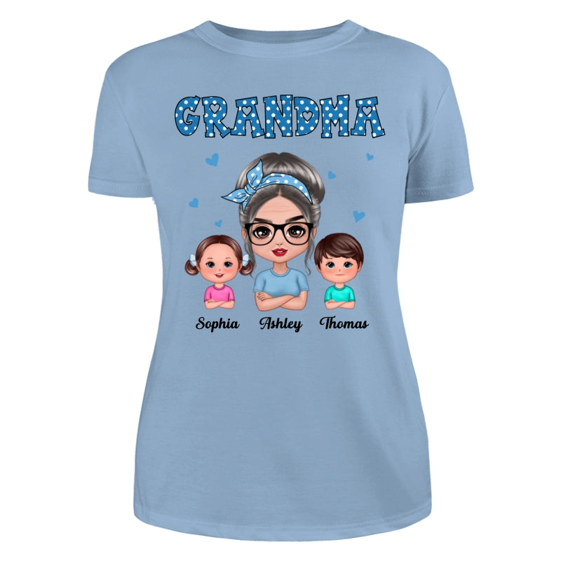 Blue Polka Dot Grandma With Grandkids Pattern Personalized Shirt