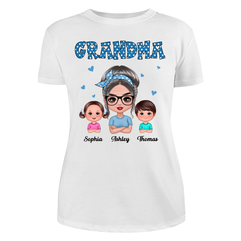 Blue Polka Dot Grandma With Grandkids Pattern Personalized Shirt