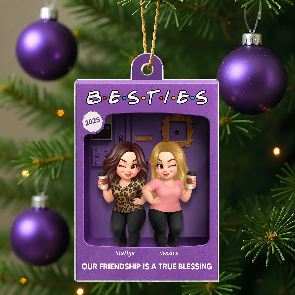 Man Woman Best Friends Purple 3D Effect Toy Box Style - Personalized Acrylic Ornament - Christmas Gift For Friends