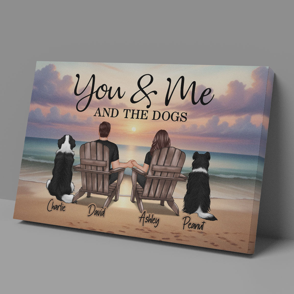 You Me And The Dogs Cats Couple Realistic Beach Landscape Personalized Canvas, Gift For Him, For Her
