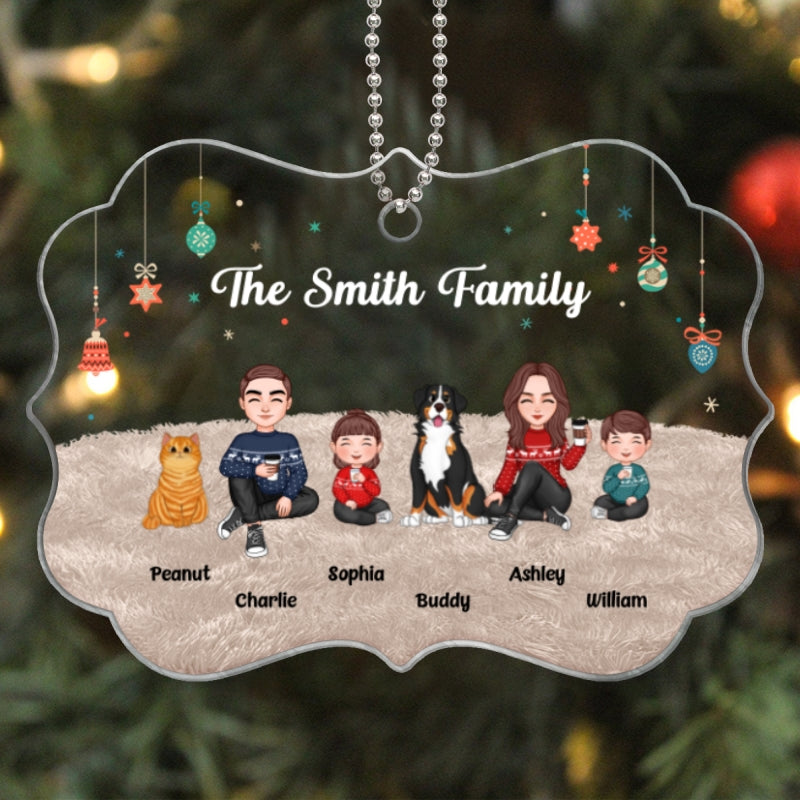 Christmas Cute Family Sitting On Carpet - Personalized Ornament