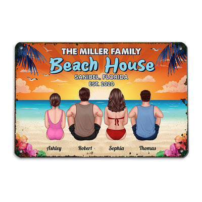 Summer Beach House Back View Family Couple Kid Dog Cat Personalized Metal Sign