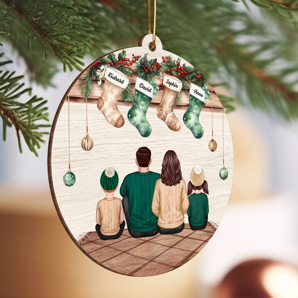 Vintage Christmas Stockings Family Sitting Personalized Wooden Ornament, Christmas Gift For Family