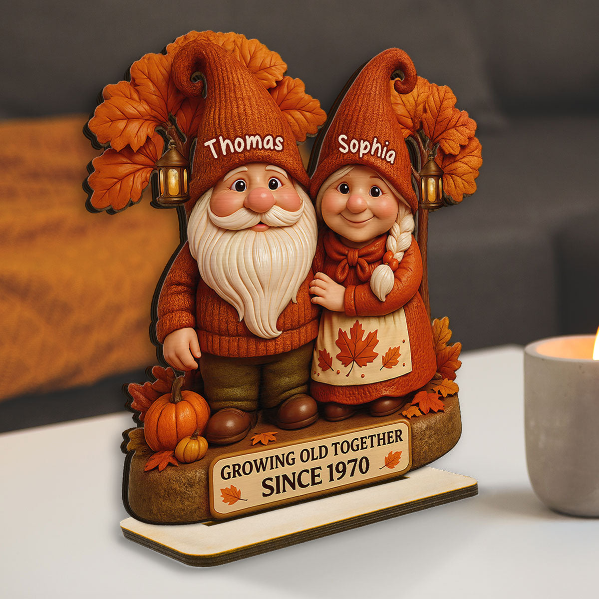 3D Effect Fall Season Gnome Couple Growing Old Together Personalized Standing Wooden Plaque
