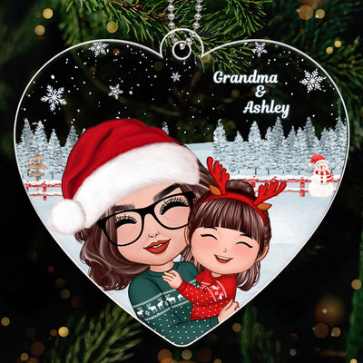 Christmas Doll Grandma Mom Hugging Kid Gift For Granddaughter Grandson Heart Shaped Personalized Acrylic Ornament